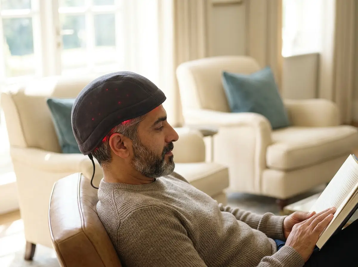 Hair Recovery Laser Cap used at home as part of a maintenance routine