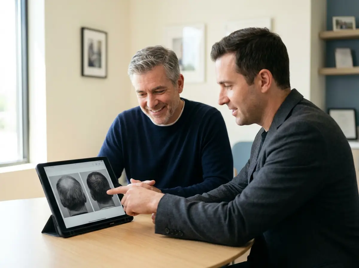 Specialist and returning patient reviewing long-term hair recovery progress together